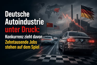 German automotive industry under pressure showing cars racing past a factory with a declining stock market graph.