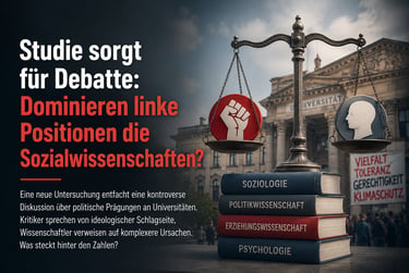 A scale balancing a political fist and head symbol atop stacked social science books.