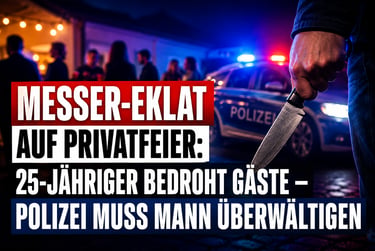 A person holding a knife at a private party with a police car in the background and German news text.