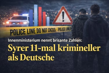 Infographic showing crime statistics with police tape, warning sign, and two men standing in front of a police car.