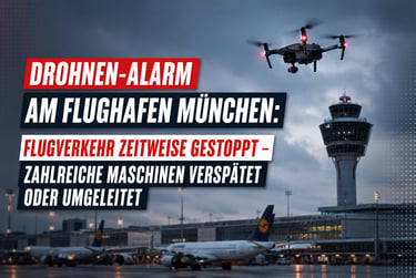 Drone flying over Munich Airport with news text about flight delays and air traffic disruptions.