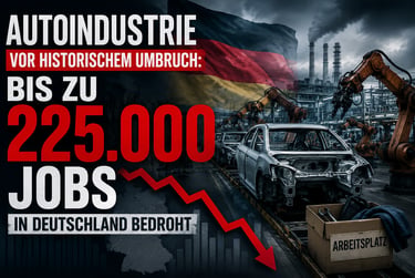 German automotive industry crisis graphic showing car production lines and job loss statistics.