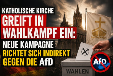German political graphic showing a ballot box, cathedral, and text about the Catholic Church and AfD.