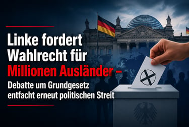 German political graphic showing a ballot box before the Reichstag building with text about voting rights for foreigners.