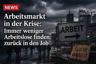 A dark city landscape with news text about the German labor market crisis and unemployment.