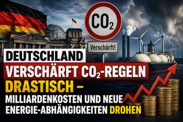 German Reichstag building with CO2 warning signs and industry smoke symbolizing energy policy costs.