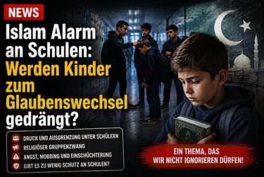 Dramatic news graphic about religious pressure in schools featuring a boy holding a book in a hallway.