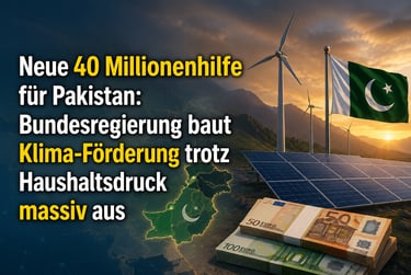 German climate aid for Pakistan with wind turbines, solar panels, and Euro banknotes.