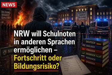 A hooded person looks at a burning building and police cars next to stacked multilingual textbooks and school grades.