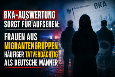 German BKA crime statistics report featuring migrant women suspects and handcuffs.