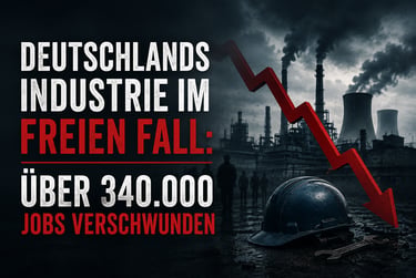 Red downward arrow over a factory background depicting the decline of German industry and job losses.