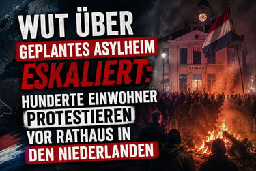 Crowd protesting with fire in front of a Dutch town hall against planned asylum centers.