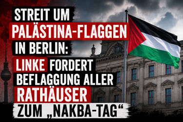 Palestinian flag flying in Berlin with German news text about Nakba Day flags at city halls.