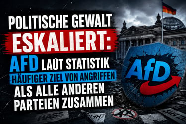 German AfD political violence statistics graphic featuring the Reichstag building and party logo.