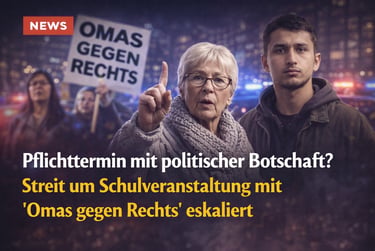 Protesters at an Omas gegen Rechts rally with German text about a political school event controversy.