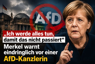Angela Merkel portrait with Reichstag building and AfD party logo warning against a far-right chancellor.