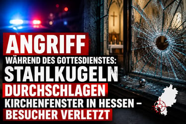 Shattered church window with a steel ball on the sill, police car lights in the background.