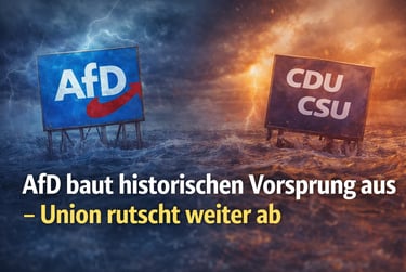 AfD and CDU/CSU election signs floating in a stormy sea representing German political polling shifts.