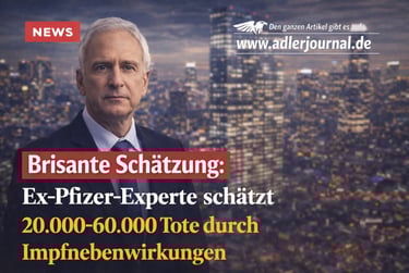 Ex-Pfizer expert report on vaccine side effects with man in suit against cityscape background.