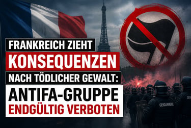 French flag and Eiffel Tower background with text about banning Antifa groups and riot police.