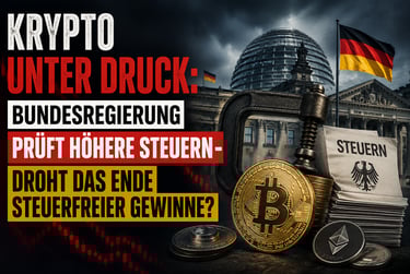 Krypto-Steuern in Deutschland: Bitcoin unter Druck vor dem Reichstagsgebäude mit deutschem Text.