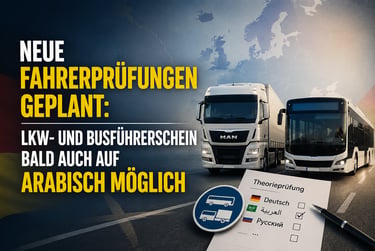 Promotional graphic for truck and bus driving exams available in Arabic language in Germany.