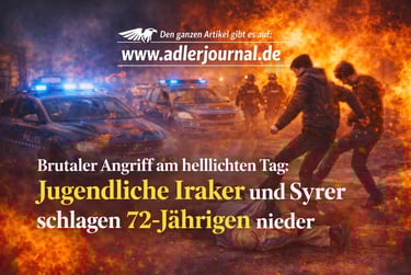 Dramatic street riot scene with fire, police cars, and headline about a brutal attack in Germany.