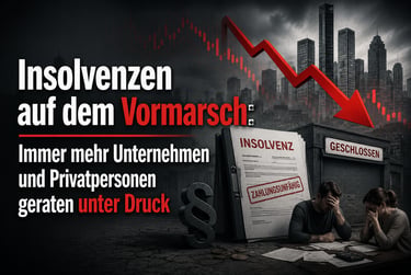 A couple stressed over insolvency papers and financial decline with a red falling arrow over a city skyline.