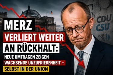 Friedrich Merz looking downcast next to a falling red arrow and text about CDU CSU poll results.