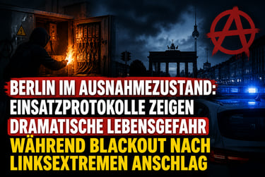 Berlin power grid sabotage scene with hooded figure, anarchist symbol, and Brandenburg Gate during a blackout.