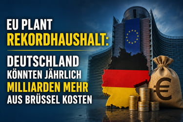 German flag map and money bag before the EU building representing the record EU budget costs.