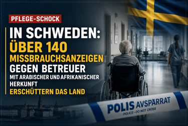 Elderly patient in a wheelchair at a Swedish care facility with police tape and Swedish flag.