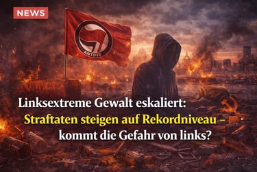 Hooded figure amidst a burning city with an Antifa flag and news text about left-wing political violence.