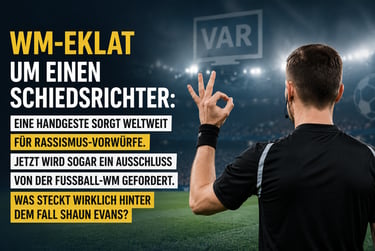Soccer referee Shaun Evans makes a controversial hand gesture during a World Cup match in a stadium.
