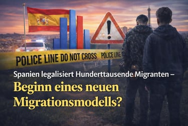 Two migrants viewing Spain's flag and growth charts behind police line tape at sunset.