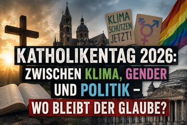 Katholikentag 2026 graphic with Cathedral, Bible, and symbols for climate and gender politics.