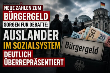 Image depicting a debate on "Bürgergeld" (citizen's income) in Germany, showing cash, a sign for "Bürgergeld," and a blurry