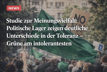 Crowd at a political demonstration with a large green flag and a sign about opinion diversity.