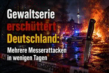Dramatic scene in Berlin at night with a knife, police cars, fire, and German news text about violence.