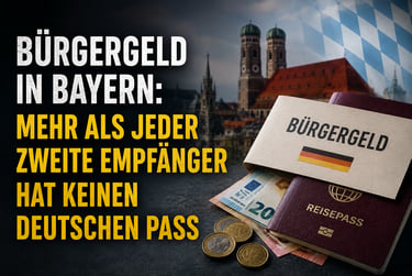 Bürgergeld in Bayern infographic with German passport, Euro cash, and Munich city background.