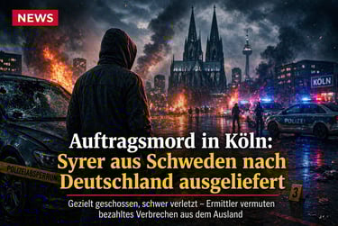 Dramatic news graphic of a burning city skyline in Cologne, Germany, featuring police cars and news text.