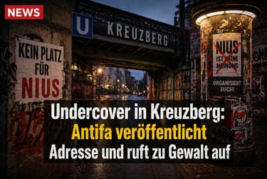 Urban street scene in Berlin Kreuzberg with political posters and graffiti near a U-Bahn station.