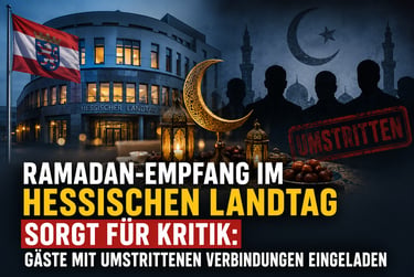 Hessischer Landtag building with a Ramadan reception graphic featuring crescent moons and political text.