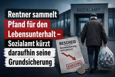 Ein Rentner trägt Pfandflaschen vor einem Sozialamt mit Text über Kürzung der Grundsicherung.