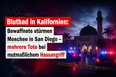 Police cars with flashing lights outside the Islamic Center of San Diego mosque at night with news headline text.