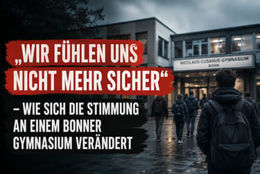 Students entering Nicolaus-Cusanus-Gymnasium Bonn with text about school safety concerns in Germany.