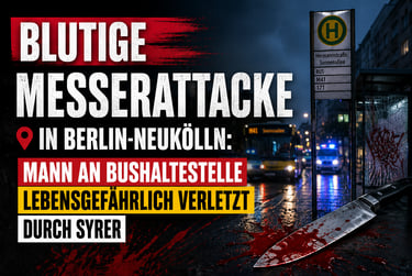 German news headline about a knife attack at a Berlin-Neukölln bus stop with a bloody knife on the ground.