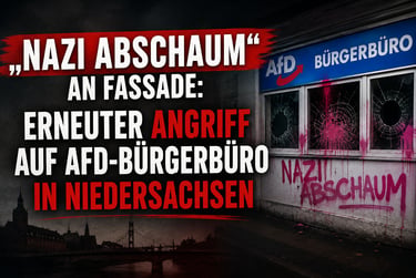 An AfD citizens' office in Lower Saxony vandalized with graffiti and broken windows after an attack.