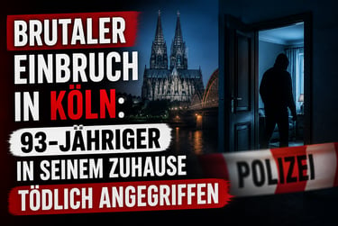 Silhouetted intruder entering a home in Cologne at night near the cathedral, illustrating a brutal burglary report.