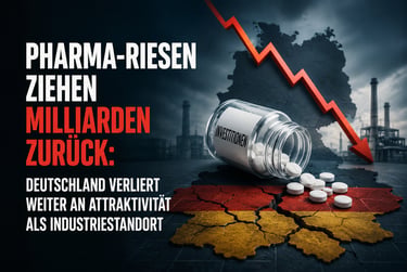 A pill bottle labeled Investitionen on a cracked German flag with a red declining arrow over a factory.